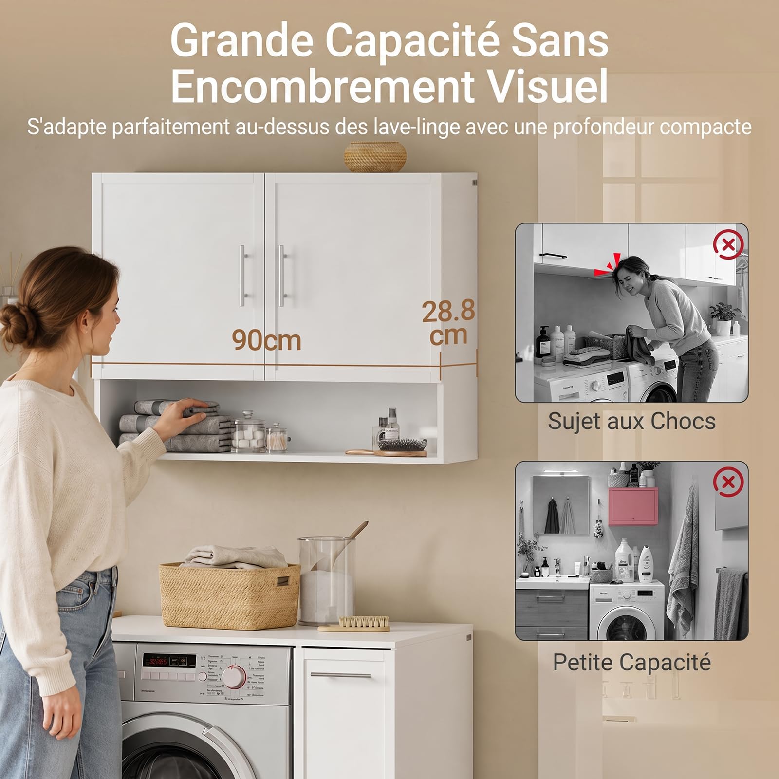 SoBuy Meuble Haut Salle de Bain avec Portes Meuble WC Suspendu 90x28,8x70cm