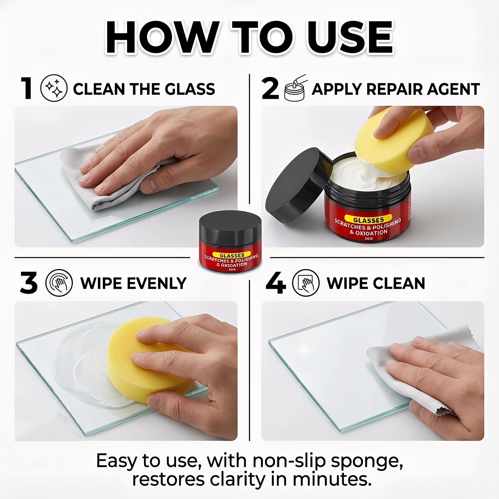 Glass Scratch Remover Kit, 2 Pcs Windscreen Scratch Remover for Glass Polish, 30g/1.05oz Glass Emulsion for Car Scratch Remover with Sponges for Windscreen Mirrors Windows Scratch - 4