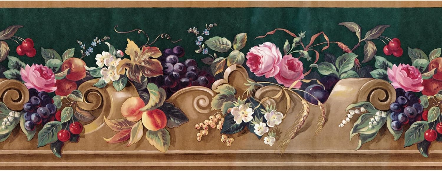 TRIMZ Wallpaper Border – Fruit & Floral Swag with Decorative Scrollwork, Traditional Style for Kitchen, Dining Room & Country Wall Decor, Pre-Pasted, 15 Ft x 9.5 in.