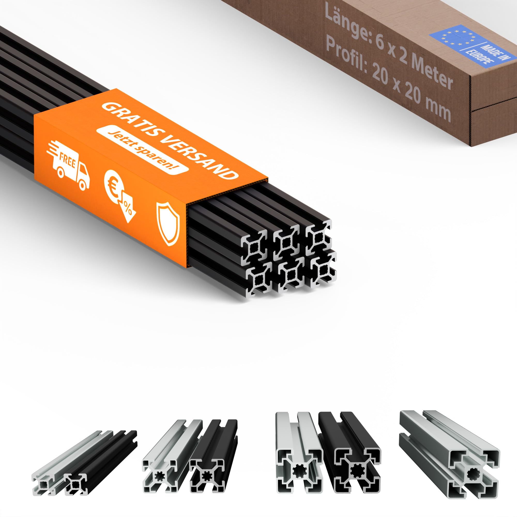 TIVENDIS Montageprofil 20x20 Nut 6 Set 6 Stück 2 Meter Aluminium Alu Profil schwarz eloxiert Systemprofil für Rahmenbau und Montage
