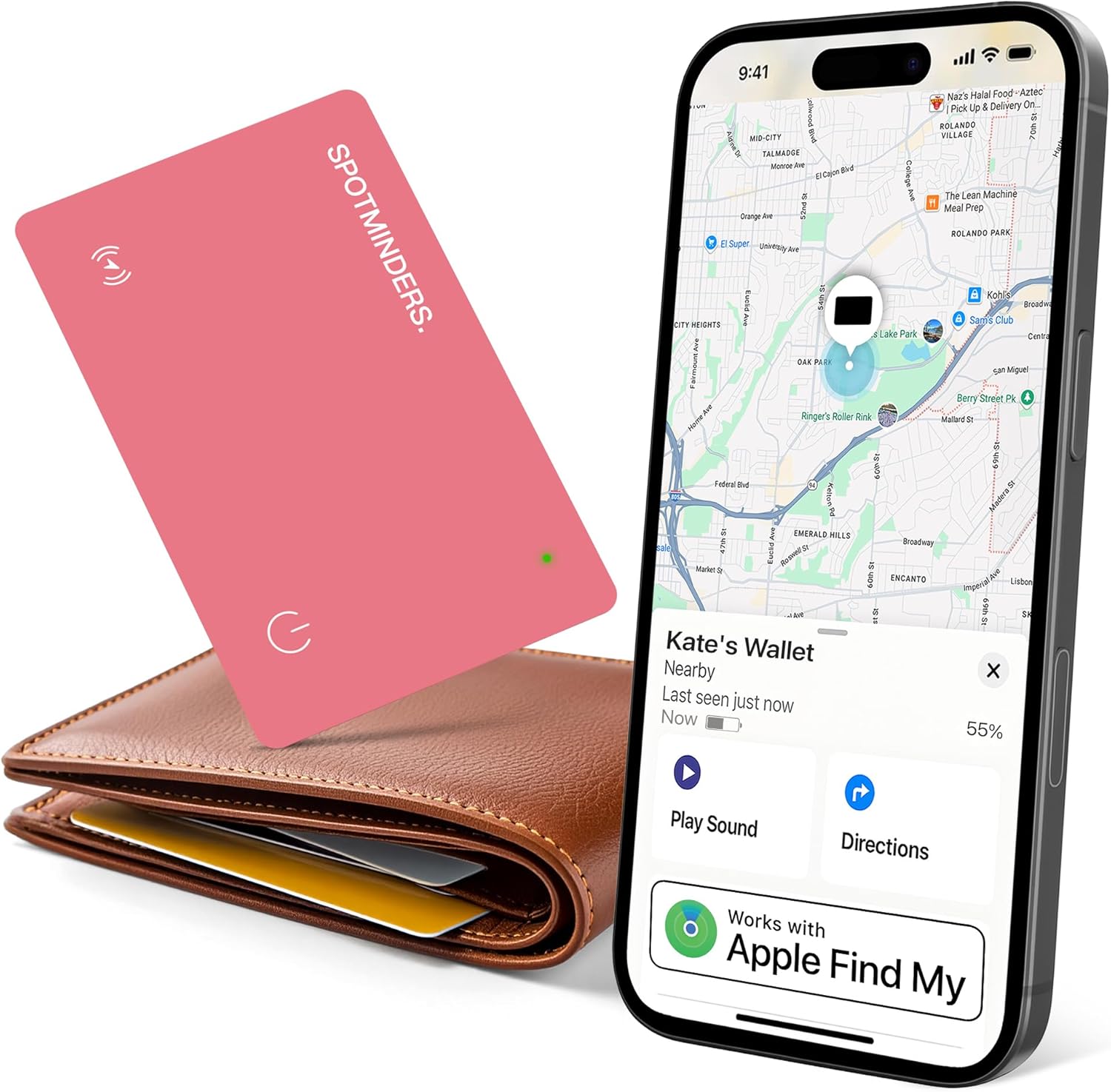 spotminders apple mfi certified wallet tracker pink - works with apple find my tracking card for wallet card rechargeable tag ip68 waterproof 0.07in slim iphone item finder smartcard for purse luggage pink (pack of 1)