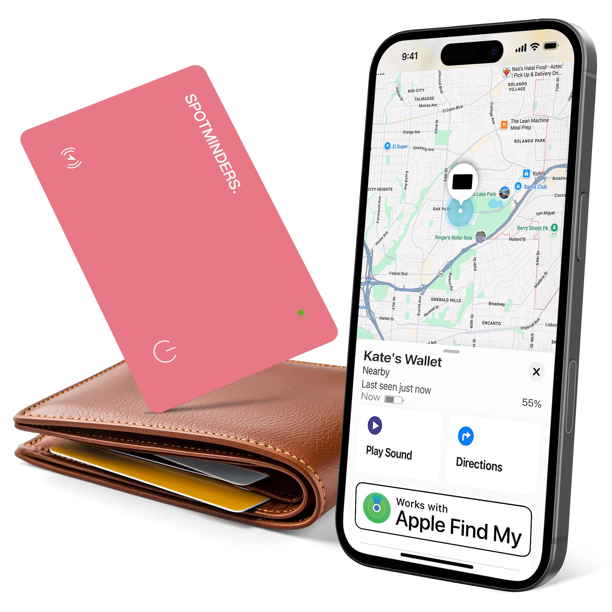 SPOTMINDERS Apple MFi Certified Wallet Tracker Pink - Works With Apple Find My Tracking Card for Wallet Card Rechargeable Tag IP68 Waterproof 0.07in Slim Iphone Item Finder Smartcard for Purse Luggage