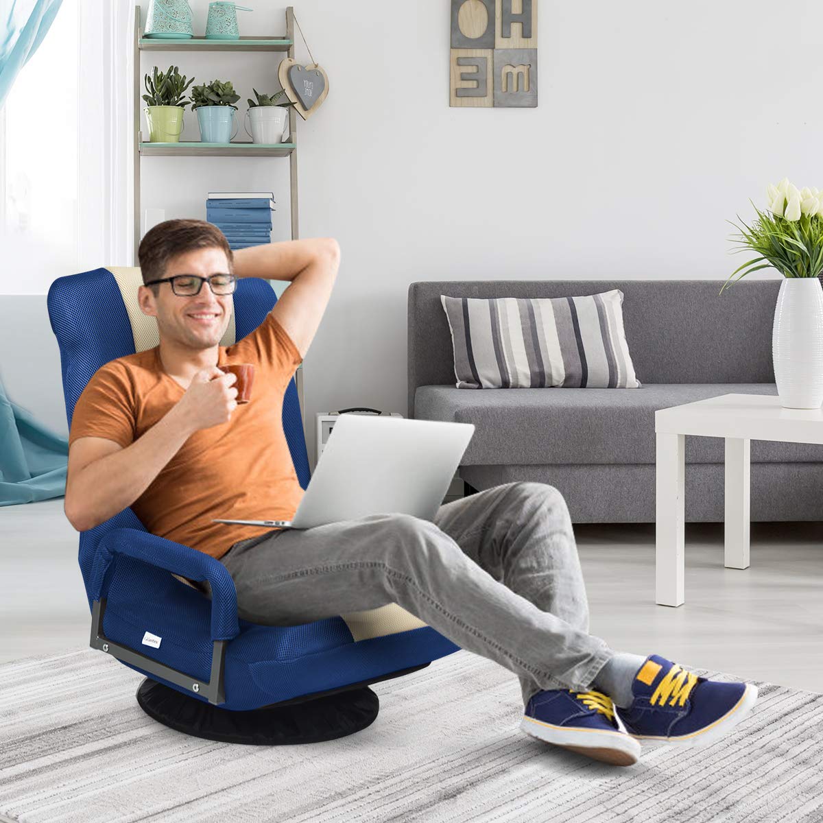 RELAX4LIFE Silla de Suelo Giratorio 360° con Respaldo Ajustable en 6 Ángulos, Sillón Relax Plegable con Diseño Ergonómico para Salón, Dormitorio y Oficina, Carga 120kg, Azul+Beige