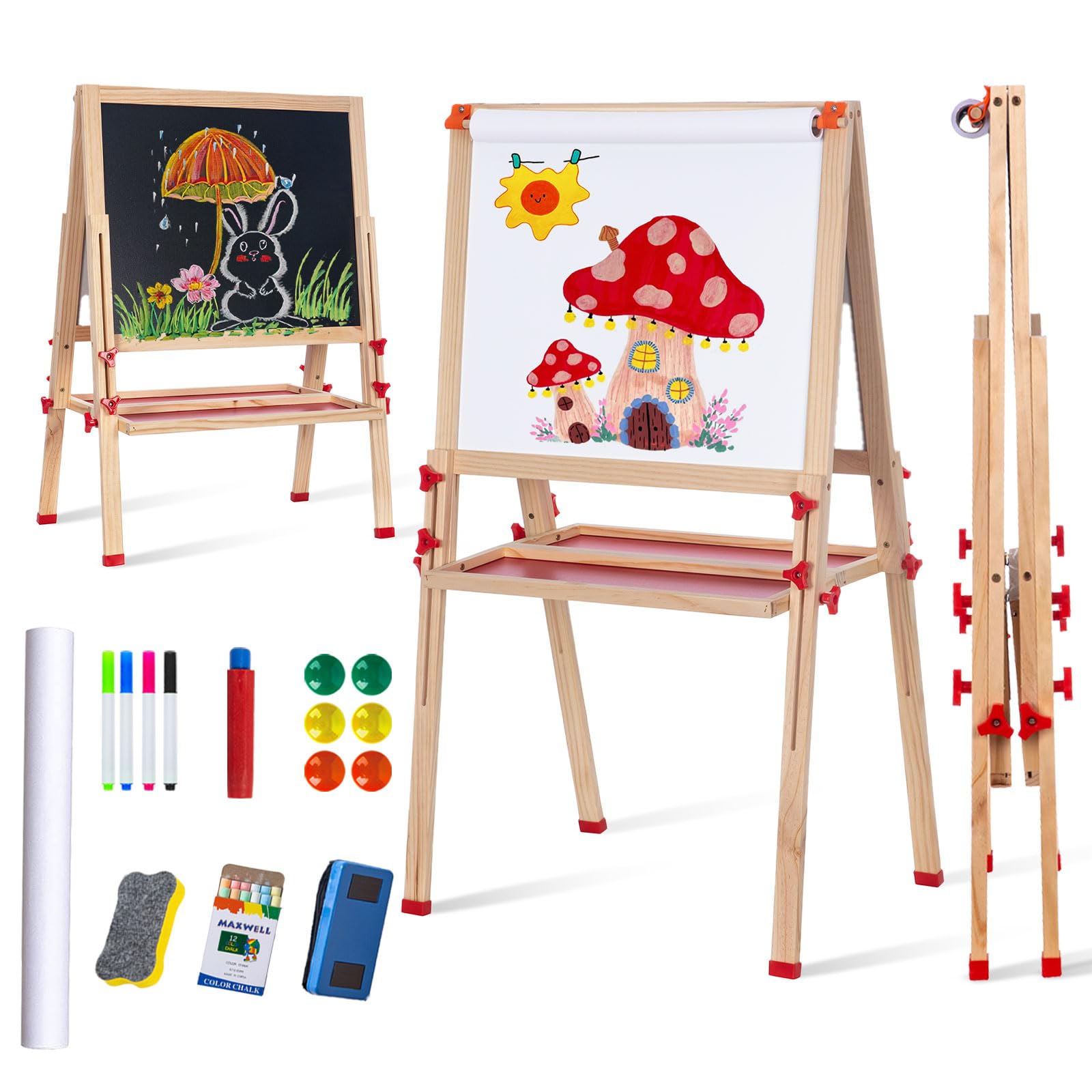 Wooden Adjustable Easel for Kids,Quick-Fold Kids Easel with Paper Roll&Accessories, Double Sided Painting Easel for Toddlers 3,4,5,6,7,8,9,10 Years,Perfect Painting Gifts&Supplies for Boys&Girls