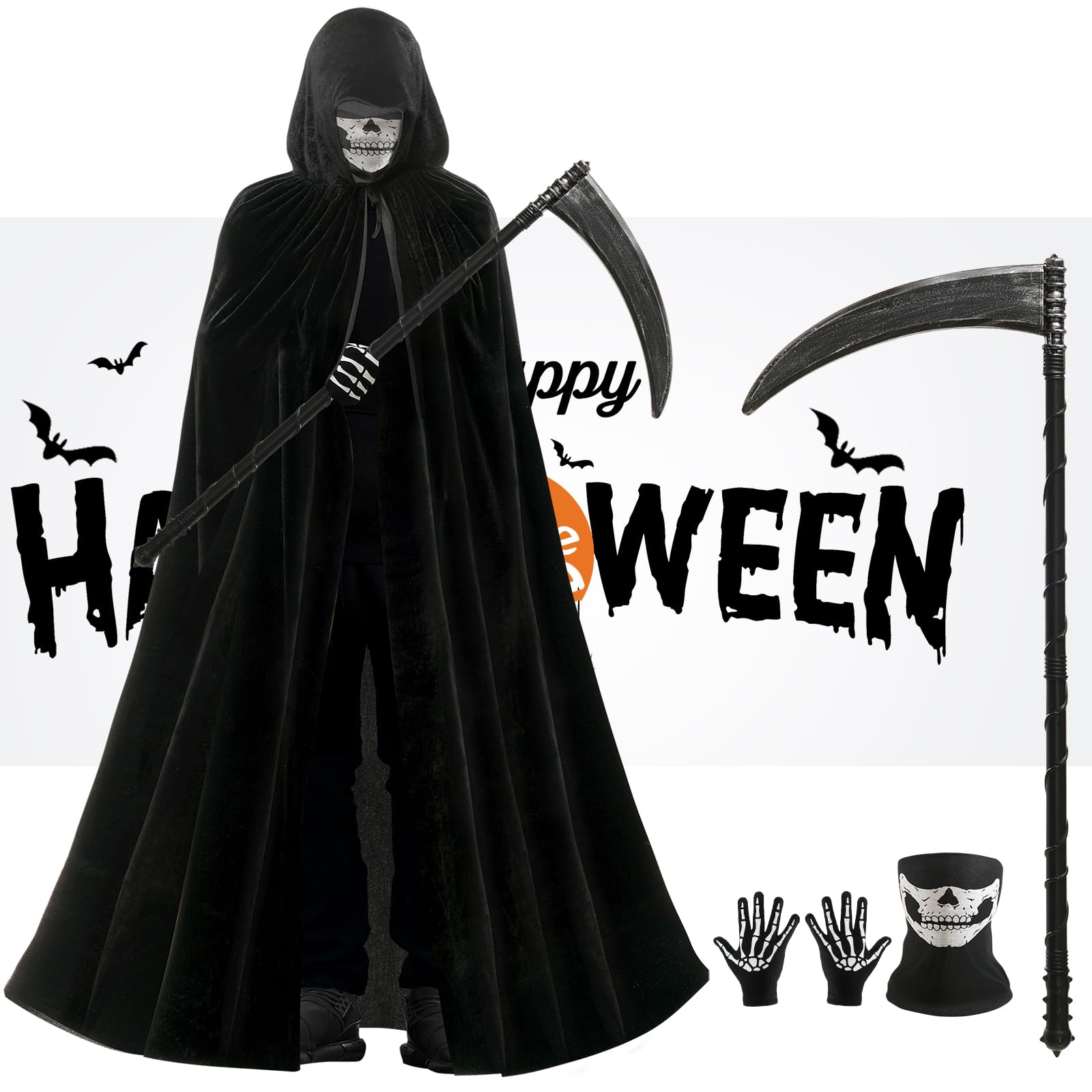 ARDFFA Halloween Costume Grim Reaper Set - 4 PCS Black Hooded Cloak with Grim Reaper Scythe, Skeleton Mask & Skeleton Gloves, Grim Reaper Vampire Party Costume for Cosplay Costume Horror Fancy Dress