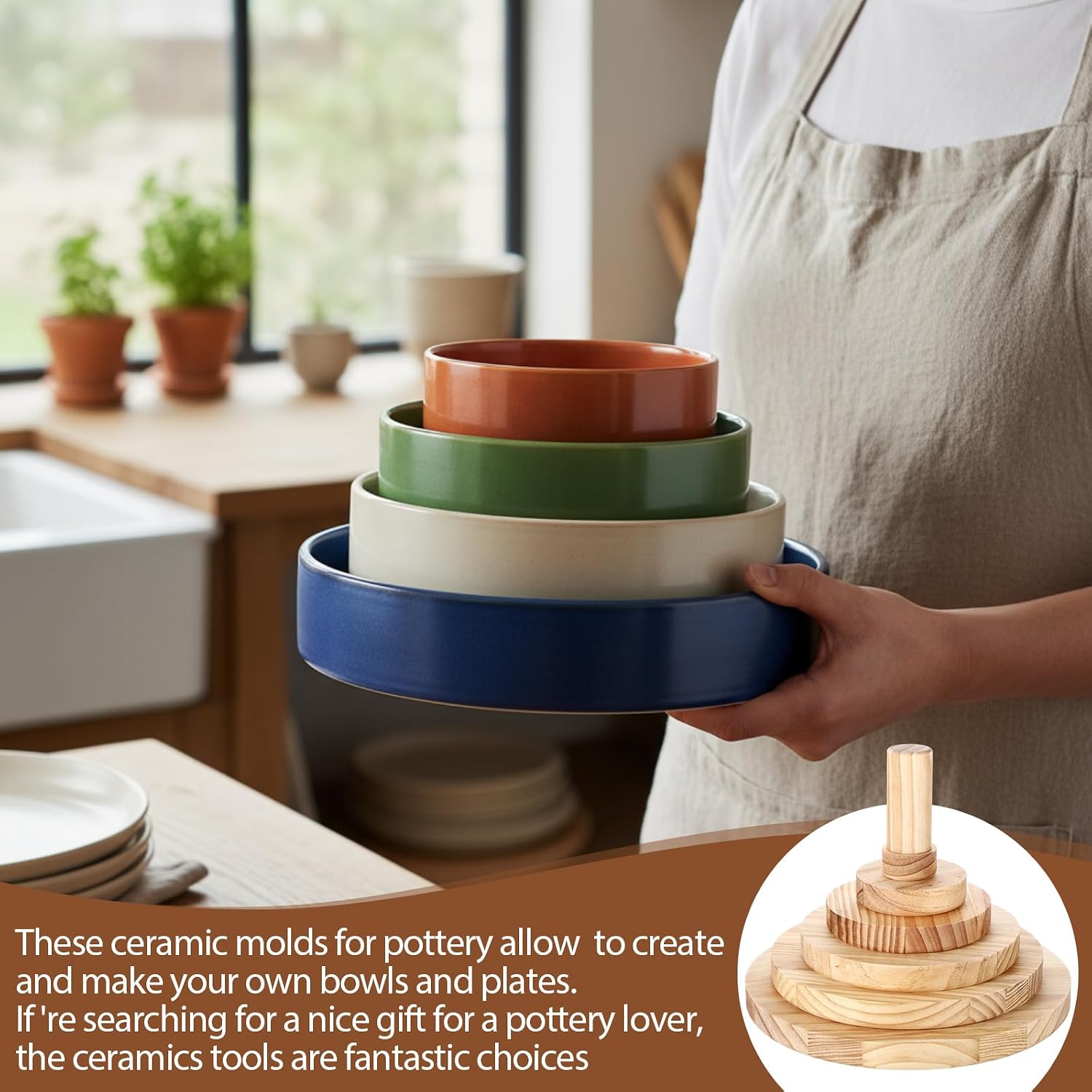 DoubleFill 6 Pack Pottery Molds 2'' 4'' 6'' 8'' 10'' 12'' Thickness 1'' Plaster Molds Wood Pottery Tools with Handle for Ceramic Top Forms DIY Bowls Plate Dish Slump Press Art Making (Round)