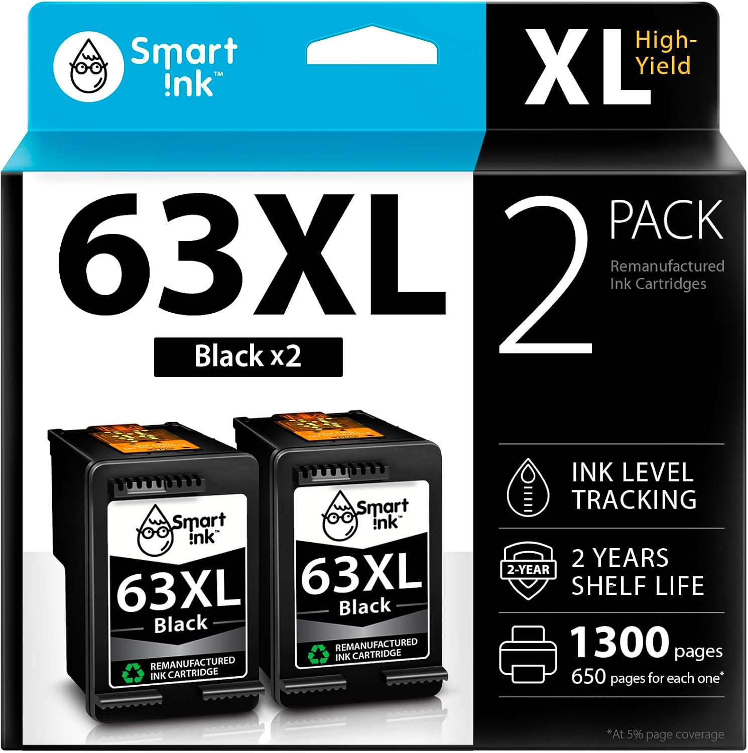 Smart Ink Remanufactured Ink Cartridges Replacement for HP 63 XL 63XL (2 Black Combo Pack) to use with Envy 4520 4522 4516 OfficeJet 3833 3830 4650 3836 5255 5200 DeskJet 3630 3632 3836 3634 Printer