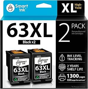 Smart Ink Remanufactured Ink Cartridges Replacement for HP 63 XL 63XL (2 Black Combo Pack) to use with Envy 4520 4522 4516 OfficeJet 3833 3830 4650 3836 5255 5200 DeskJet 3630 3632 3836 3634 Printer