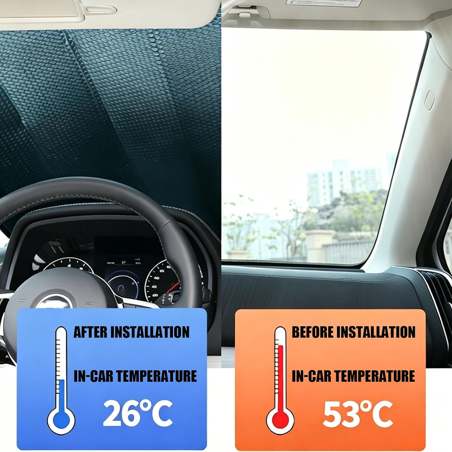 Double Sided Aluminum Foil Car Windshield Sun Shade, Foldable Automotive Windshield Cover for Sun Protection, Reduce Interior Fading Anti Glare Sun Visor for Most Cars SUVs