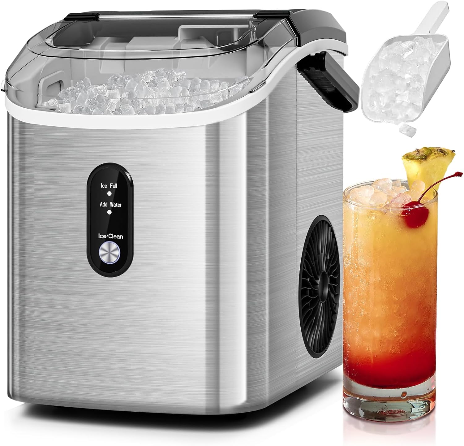 Antarctic Star Nugget Ice Makers Countertop with Self-Cleaning, 35lbs/24H, Portable Sonic Ice Maker Machine with Handle/Basket/Scoop for Home, Kitchen, Office, Camping(Stainless Steel Silver)