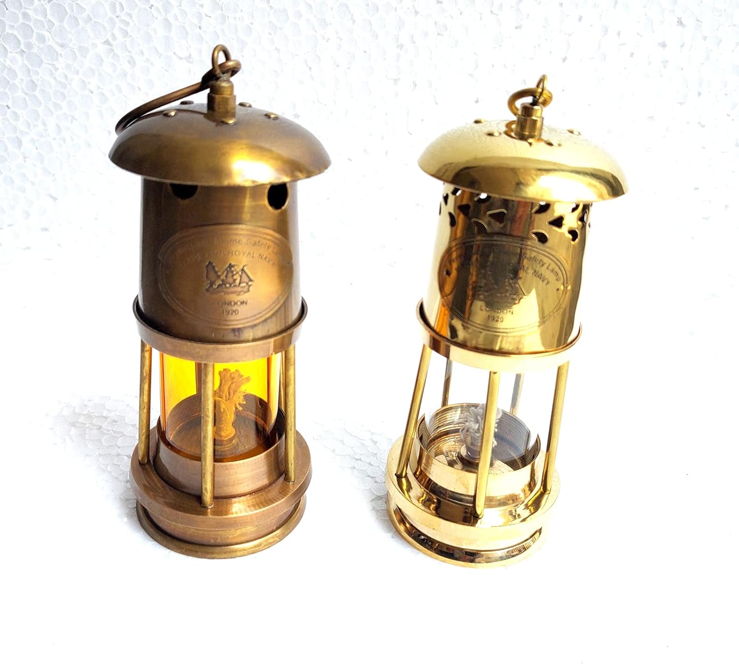 2 Piece Lot Brown Antique & Golden Brass Minor Oil Lamp Ship Boat Lantern Home Decorative Materials: Glass & Brass Size 6 Inch Approx.