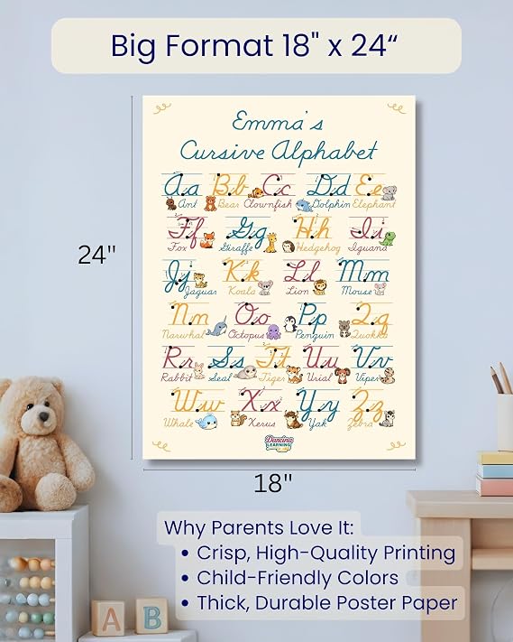 Personalized Cursive Alphabet Poster Wall Chart with Your Childs Name | Poster with Cute Animals for Each Letter | U.S. Classroom Writing Standards | Big Format 18 x 24