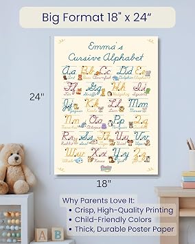 Personalized Cursive Alphabet Poster Wall Chart with Your Childs Name | Poster with Cute Animals for Each Letter | U.S. Classroom Writing Standards | Big Format 18 x 24