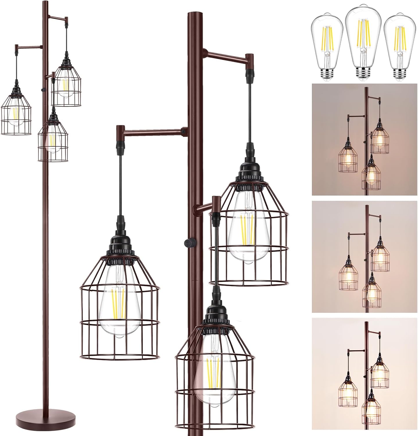 Sucolite 70" Dimmable Floor Lamp for Living Room, Industrial 3-Light Tree Floor Lamp Black with Cages, Farmhouse Rustic Tall Standing Lamp Floor Lighting for Bedroom Office, 3 Free LED Edison Bulbs