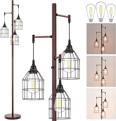 Miniatura 8 de Lámpara de pie regulable de 69 pulgadas para sala de estar, lámpara de pie industrial de árbol de 3 luces, color negro con jaulas, lámpara de pie