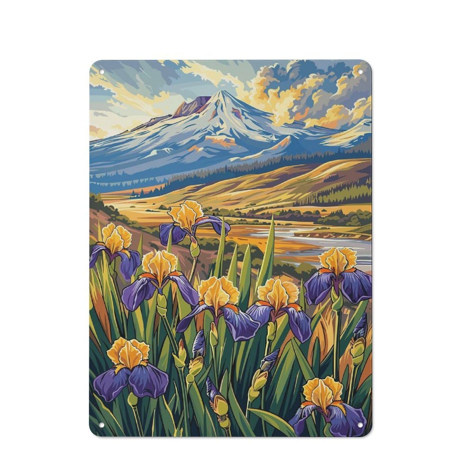 Tin Wall Sign with Mountain Irises Design 40x30cm, Cosy Cafe Wall Decor for Kitchen, Cafe, Pantry Or Dining Room