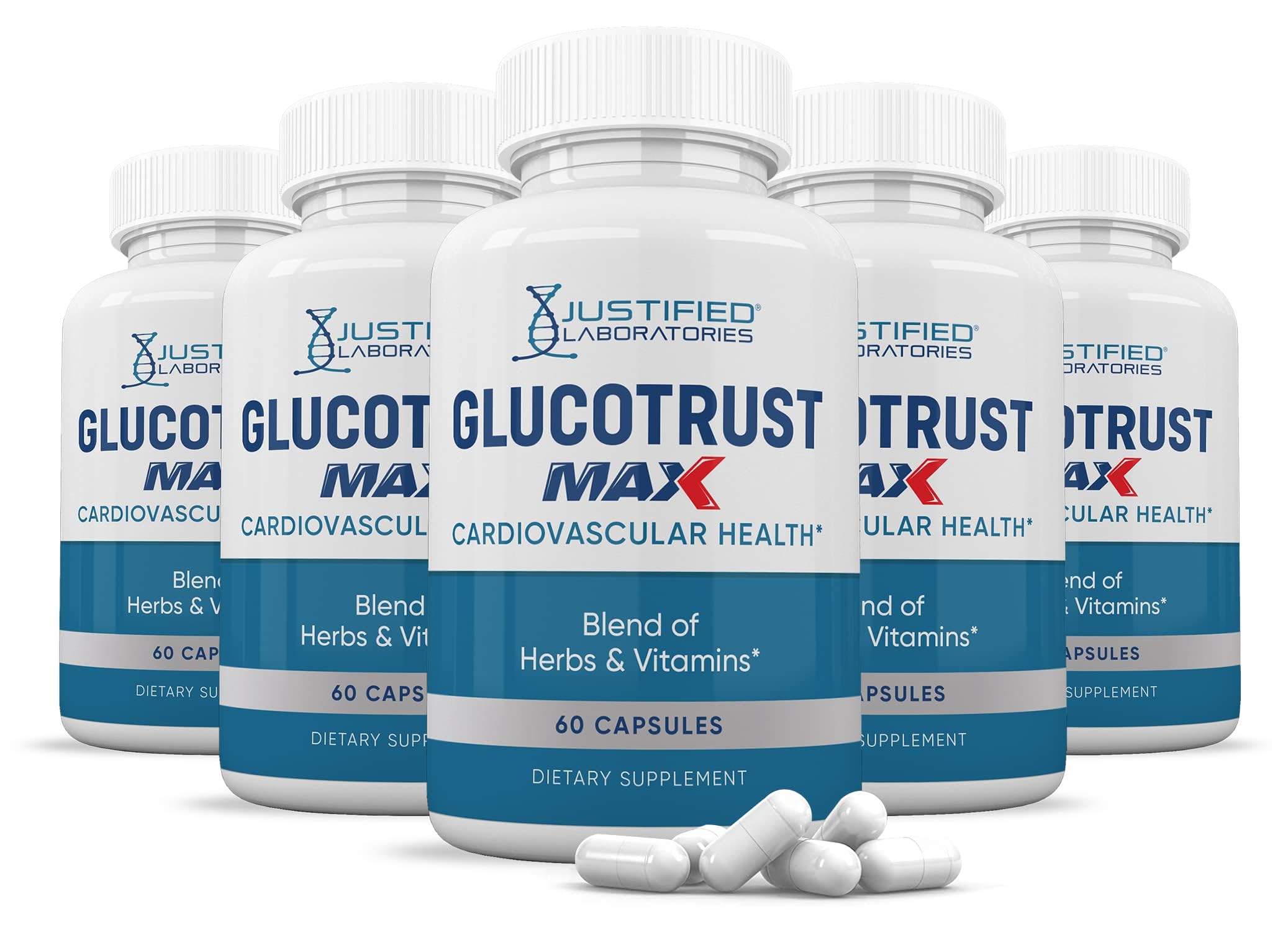 Justified Laboratories (5 Pack Glucotrust Max 1295MG Formula Supplement Pills 300 Capsules