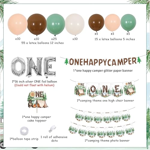 Miniatura 6 de Decoraciones de cumpleaños de One Happy Camper para niños, guirnalda de globos verdes, una pancarta de fotos Happy Camper para decoración de pastel