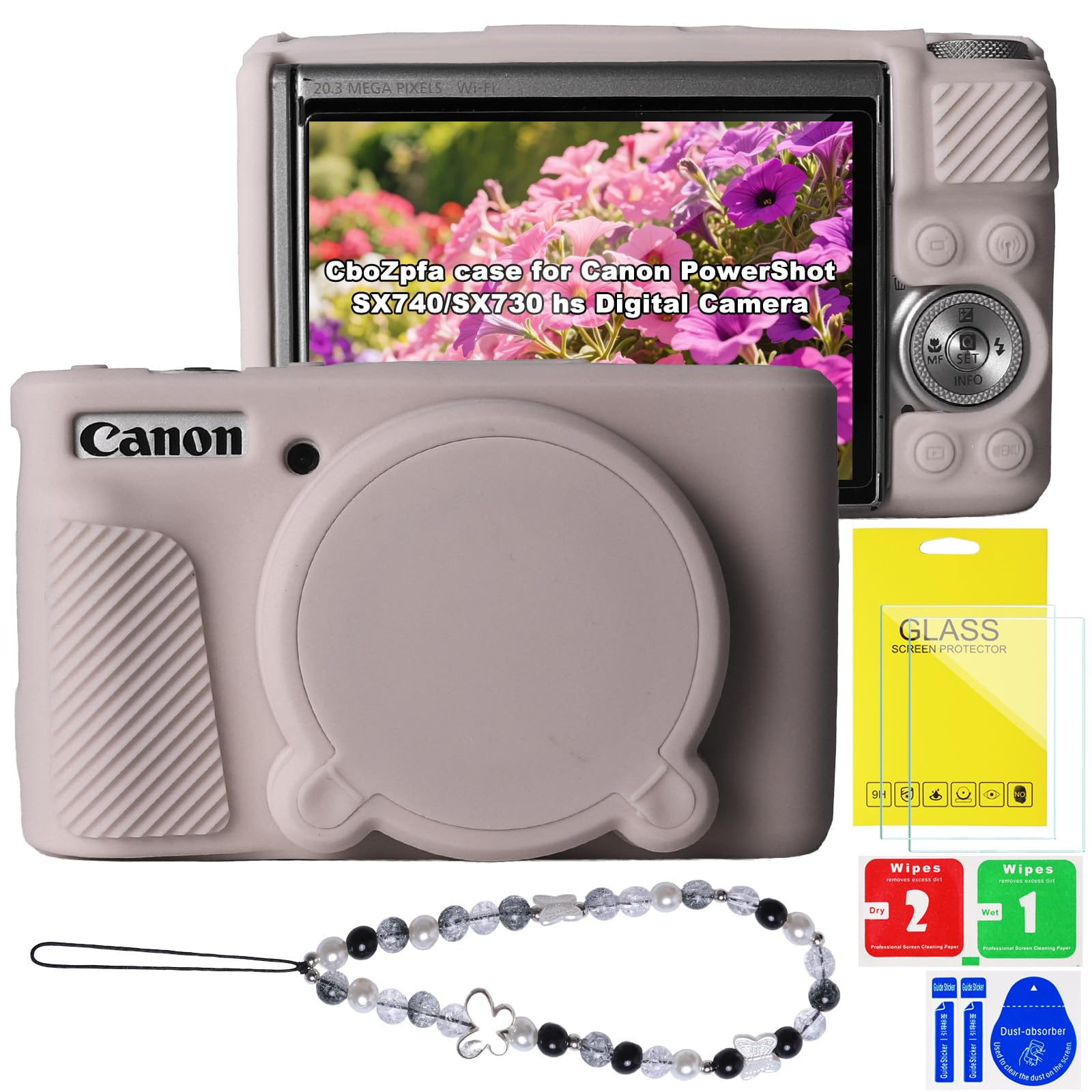 Case for Canon PowerShot SX740/SX730 hs Camera,Soft Silicone Protective with Removable Lens Cover,Canon SX740 hs Camera Accessories(2 Tempered Glass Cover,1 Charm Wrist Strap)