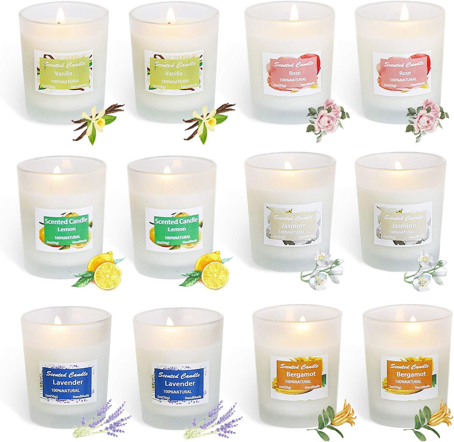 HELLY Soy Candle Strong Scented Candles - Aromatherapy Candles Long Lasting Candles White Frosted Glass Jar Candle (Lemon, Lavender, Rose ๏ผJasmine๏ผVanilla๏ผBergamot) -12 Pack