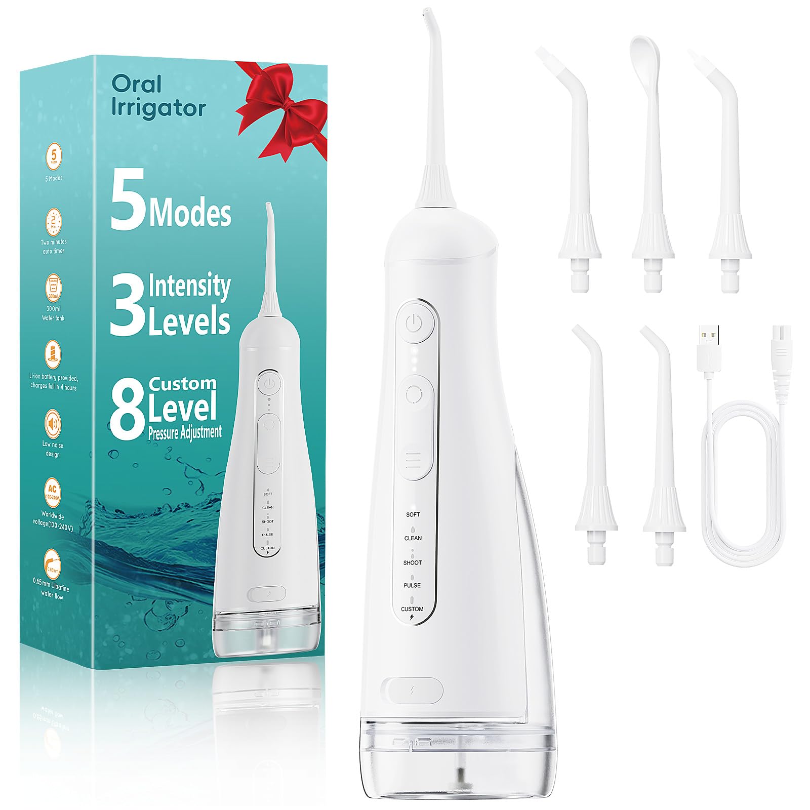Irrigador Dental Portatil DIY, Irrigador Bucal Inalámbrico 5 Modos y 3 Intensidades, Depósito 300 ml y Base Extraíble, Carga USB, Impermeable IPX7, Sin BPA, Silencioso, para Viajes y Hogar