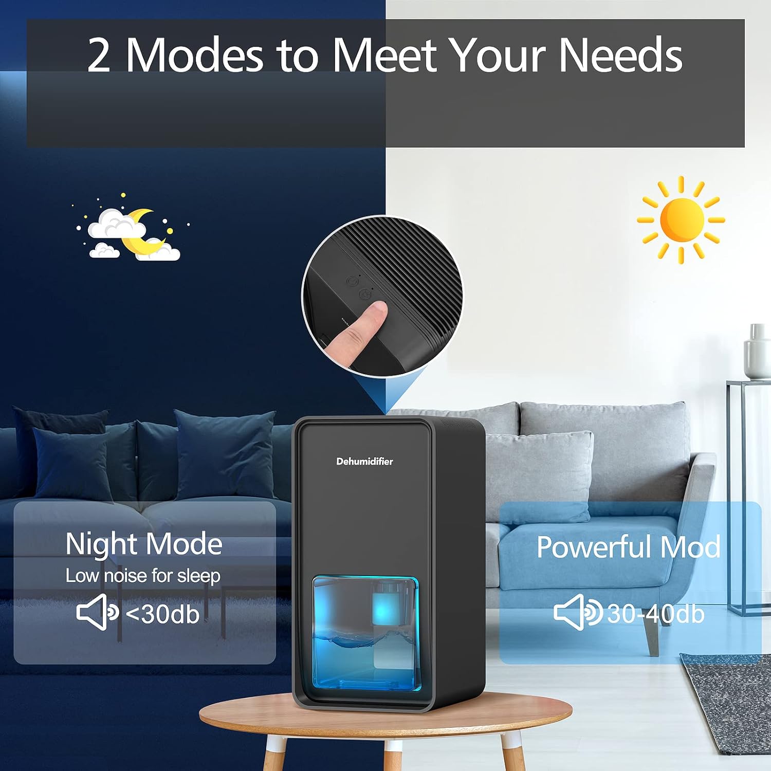 MADETEC Small Dehumidifier showing Night Mode and Powerful Mode
