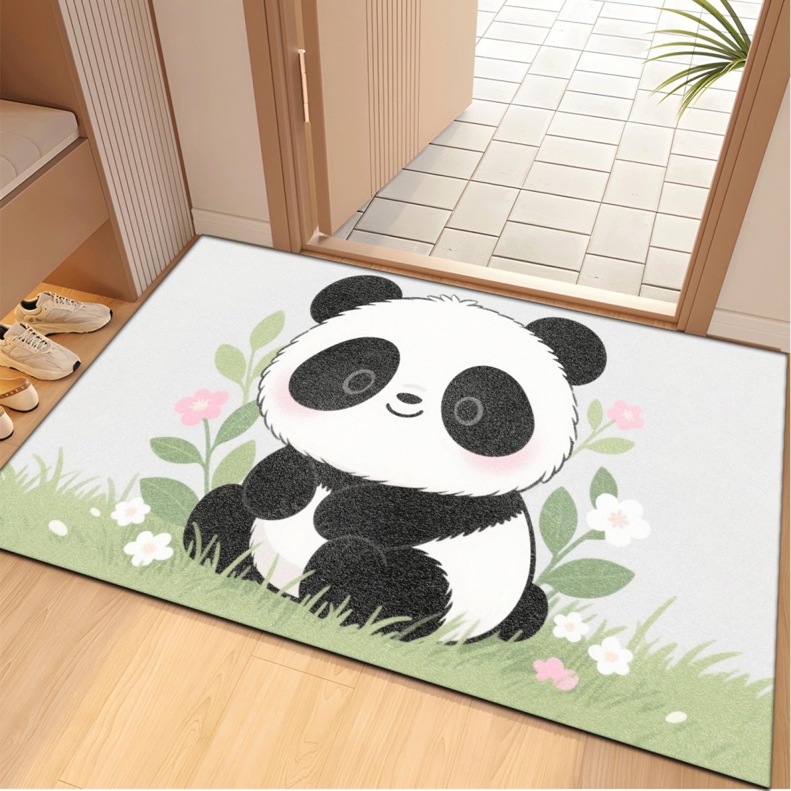 Tapis Entree Interieur Noir Panda Mignon Tapis D'entrée Facile à Nettoyer Antidérapant Lavable en Machine pour Chambre Cuisine Couloir Paillasson Interieur Exterieur 80x120 cm