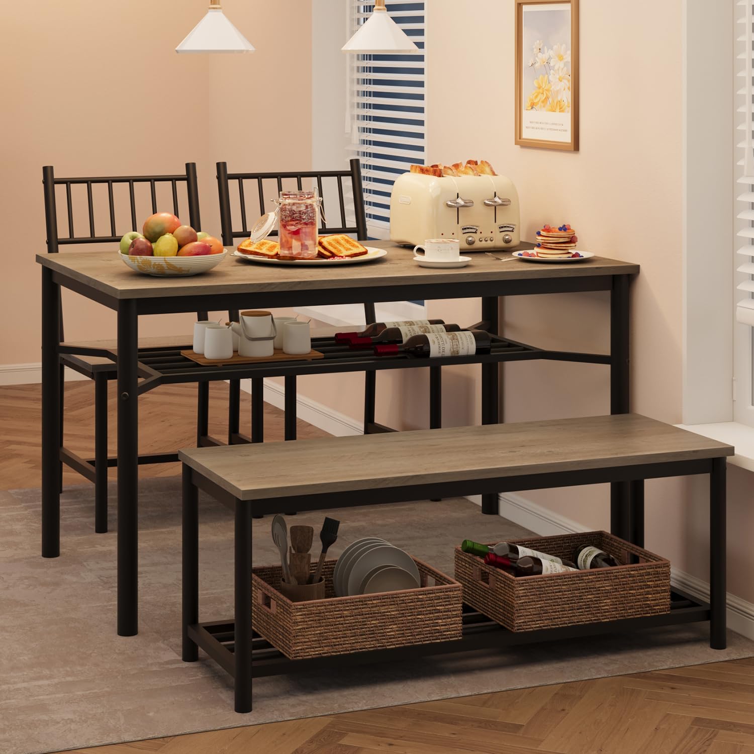 GAOMON Dining Table Set for 4 with Bench and 2 Chairs, Rectangular Kitchen Table Set with Wine Rack, Dining Room Table Set for 4 with Storage Benches for Small Space, Apartment, Rusric Grey