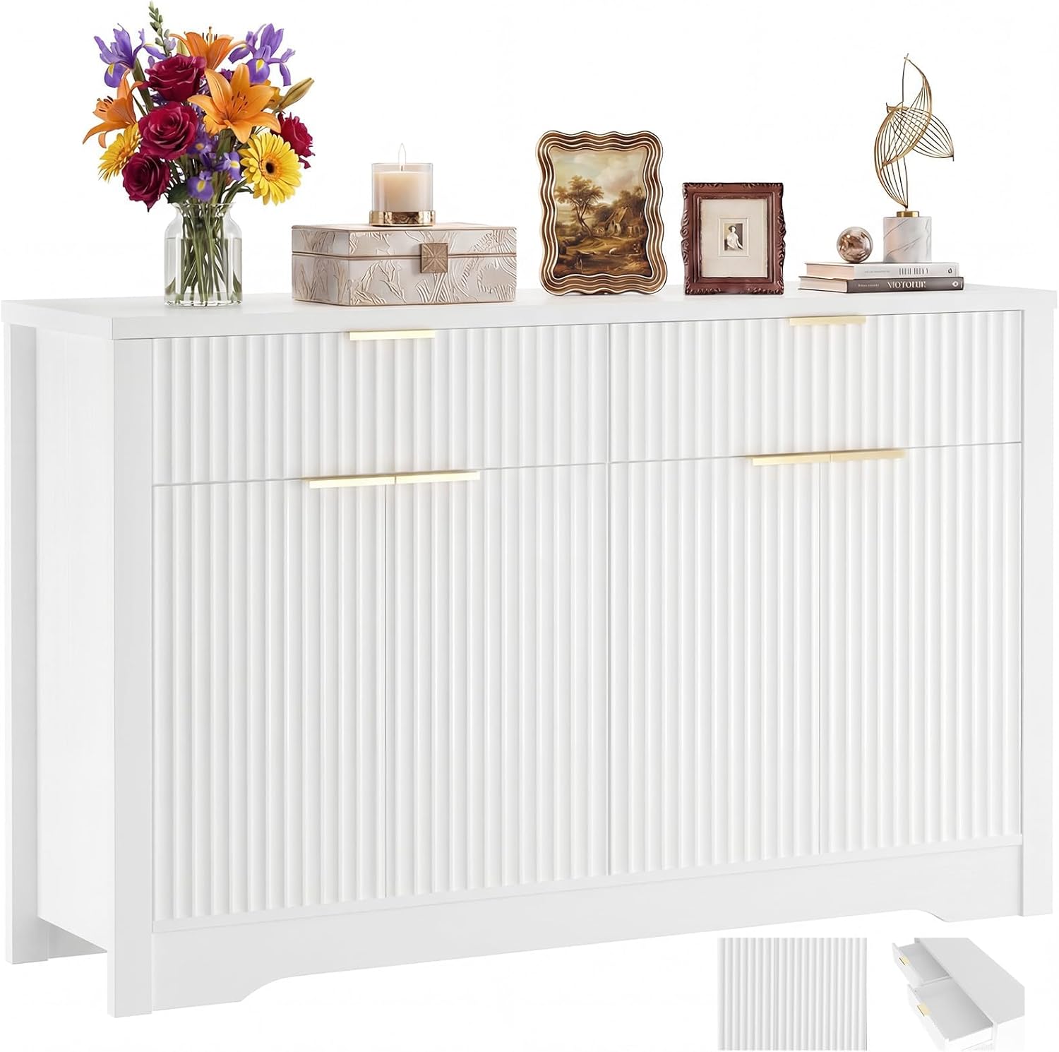Cyclysio 55" Buffet Cabinet with Storage, Fluted Sideboard with Drawers, Modern Sideboard with Adjustable Shelves for Entryway, Kitchen, Living Room, Hallway, White