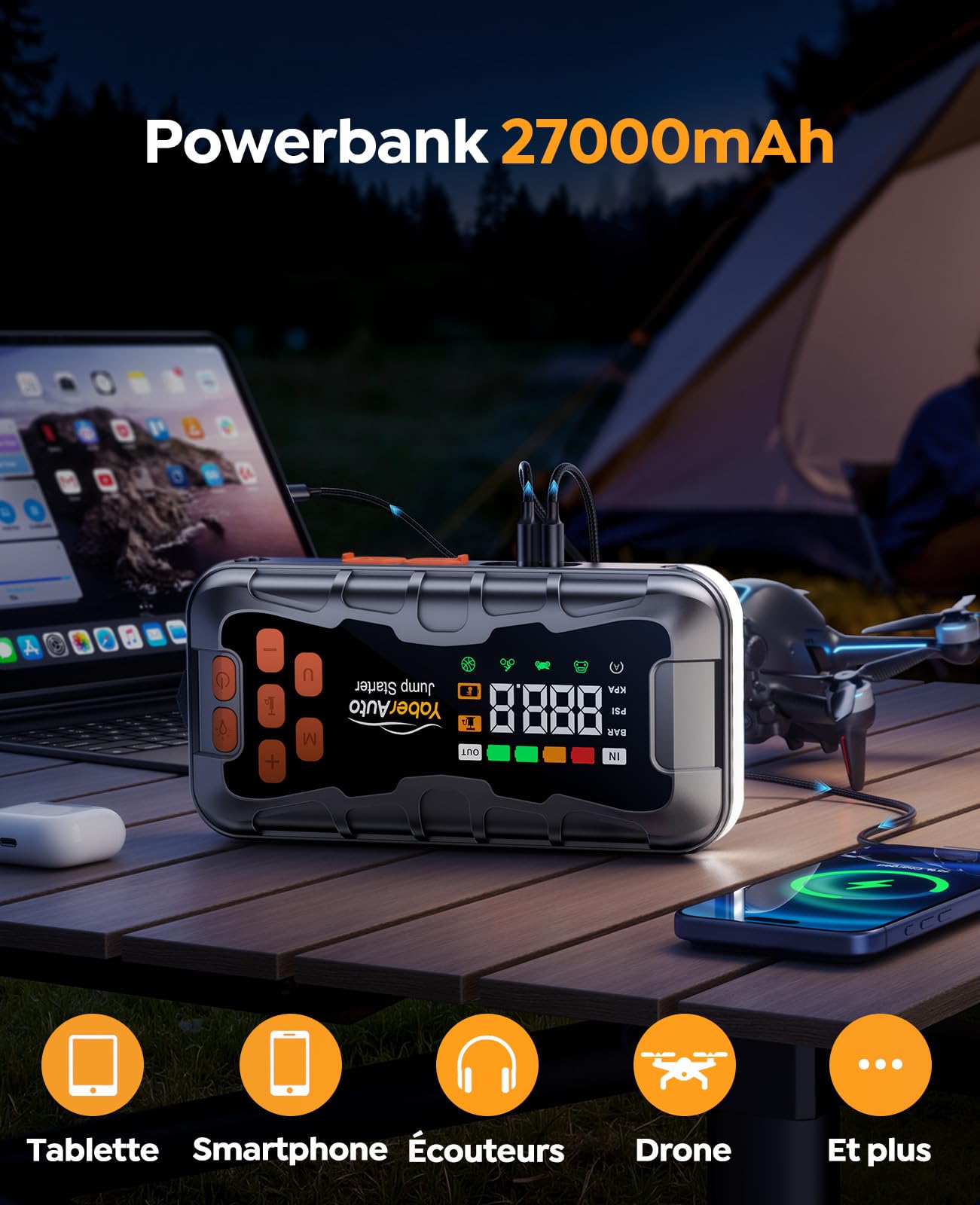 16 en 1 Booster Batterie Voiture 8000A 27000mAh, Booster Batterie(Tout Gaz ou 12L Diesel), 12V Booster avec Compresseur 160PSI, Démarreur avec Lampe 800 Lumens, Marteau de Secours et Kit d’Urgence