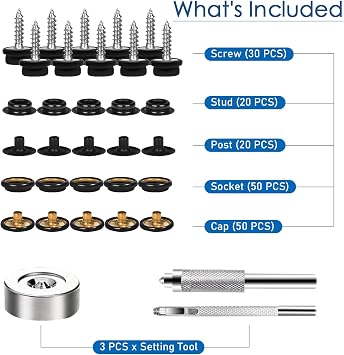 weiwei 50 Sets Canvas Snap Button Kit 2 Types Heavy Duty Snap Buttons Marine Grade 3/8 Socket Leather Snaps Fasteners Kit with Setting Tool for Boat Cover Fabric Leather DIY (Stainless Steel,173 PCS)