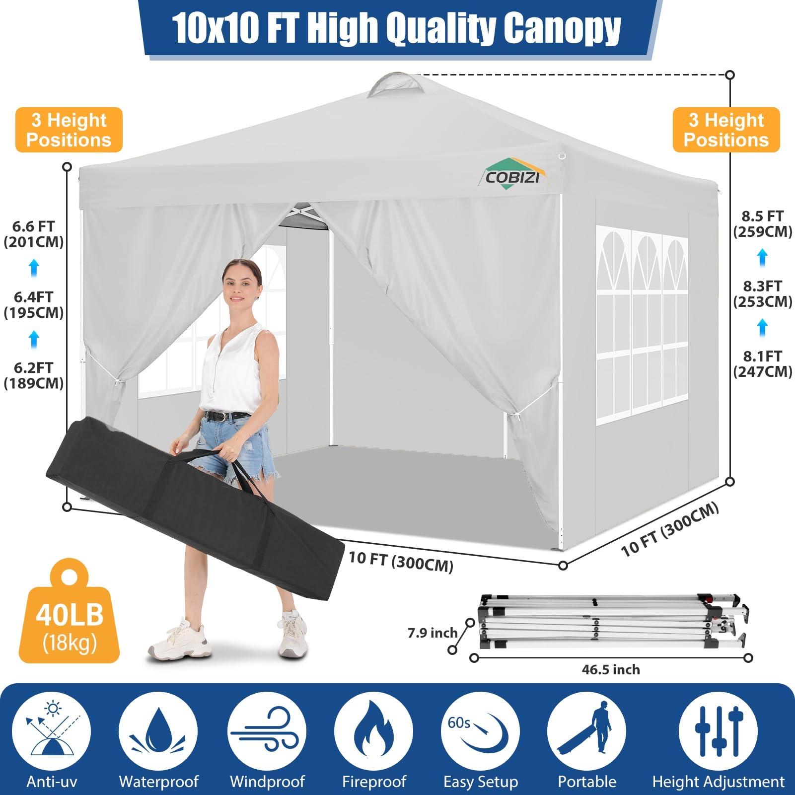 COBIZI Pavillon 3x3m Wasserdicht Stabil Winterfest Faltpavillon Partyzelt Gartenpavillon mit 4 Seitenteilen,4 Sandsäckes und Entlüftung,UV Schutz 50+,pop up faltbar für Outdoor Garten(Weiß