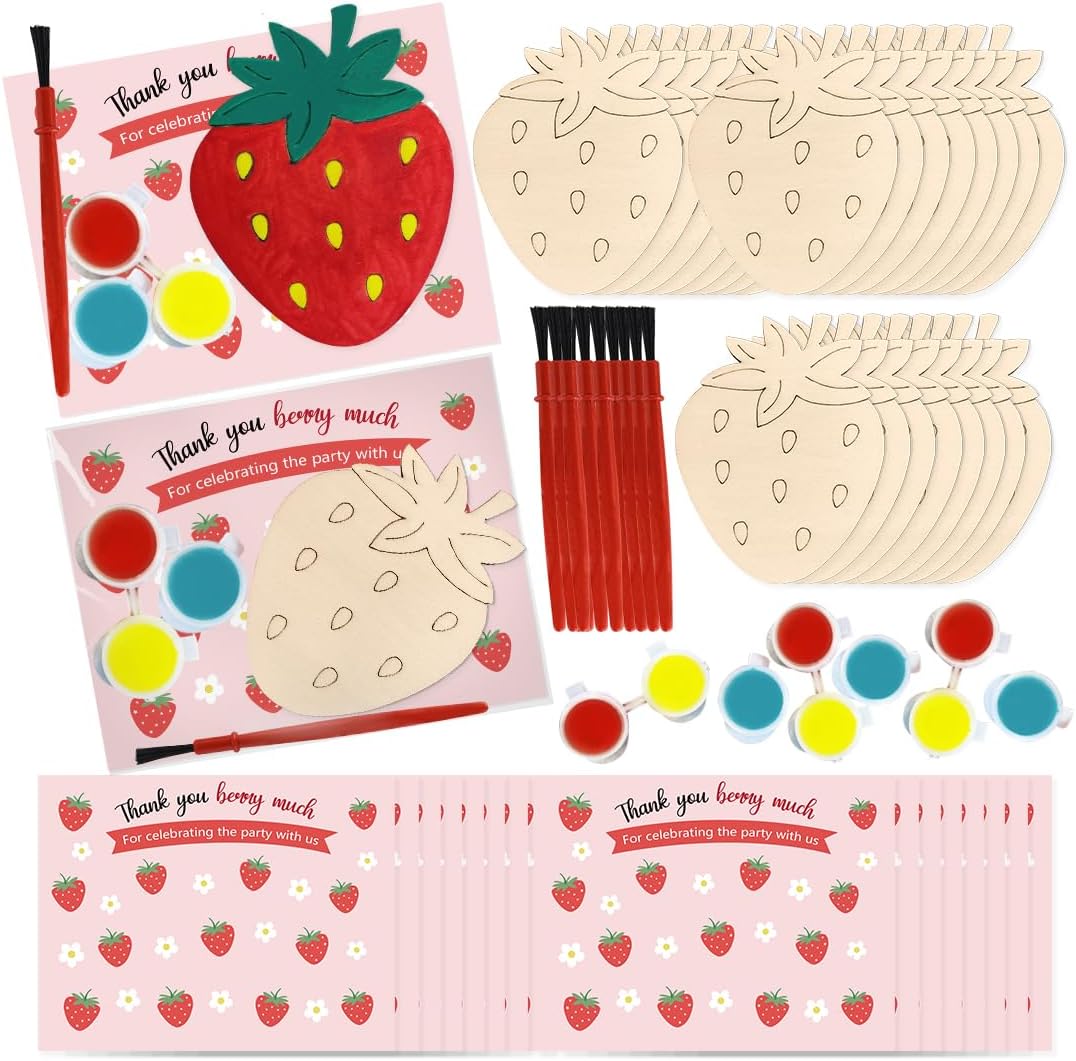 Jekocet ㅤ Strawberry Happy Birthday Party Favors Cards with Wood Painting Crafts Bulk Strawberry Centerpieces for Tables for Baby Shower Decorations