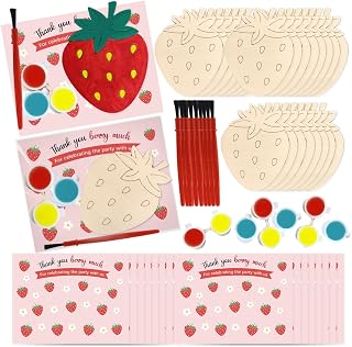 Jekocet ㅤ Strawberry Happy Birthday Party Favors Cards with Wood Painting Crafts Bulk Strawberry Centerpieces for Tables for Baby Shower Decorations