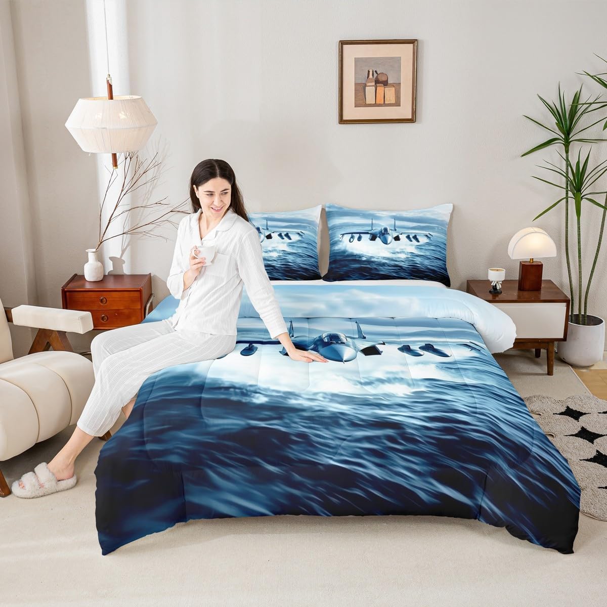 Aircraft Full Bedding Set for Kids Adults,Aircraft flying Over the Sea Comforter Bed Set Boys Men Bedroom Decor,Realistic 3D Plane Quilt Set 3 PCS,Military Flying Vehicle Duvet Insert,2 Pillow Cases