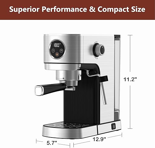 Miniatura 7 de VEGETA Máquina de café expreso de 20 bares, cafetera pequeña con tanque de agua extraíble de 40 onzas, máquina de café expreso de acero inoxidable