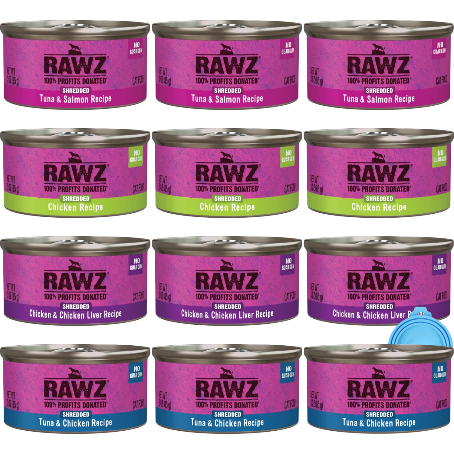 RawzNatural Premium Canned Cat Wet Food Shredded -12 Pack Cans Variety Pack -4 Flavors with Yow Pet Lid- (Tuna & Salmon, Chicken & Liver, Tuna & Chicken, Chicken)- (3oz Cans)