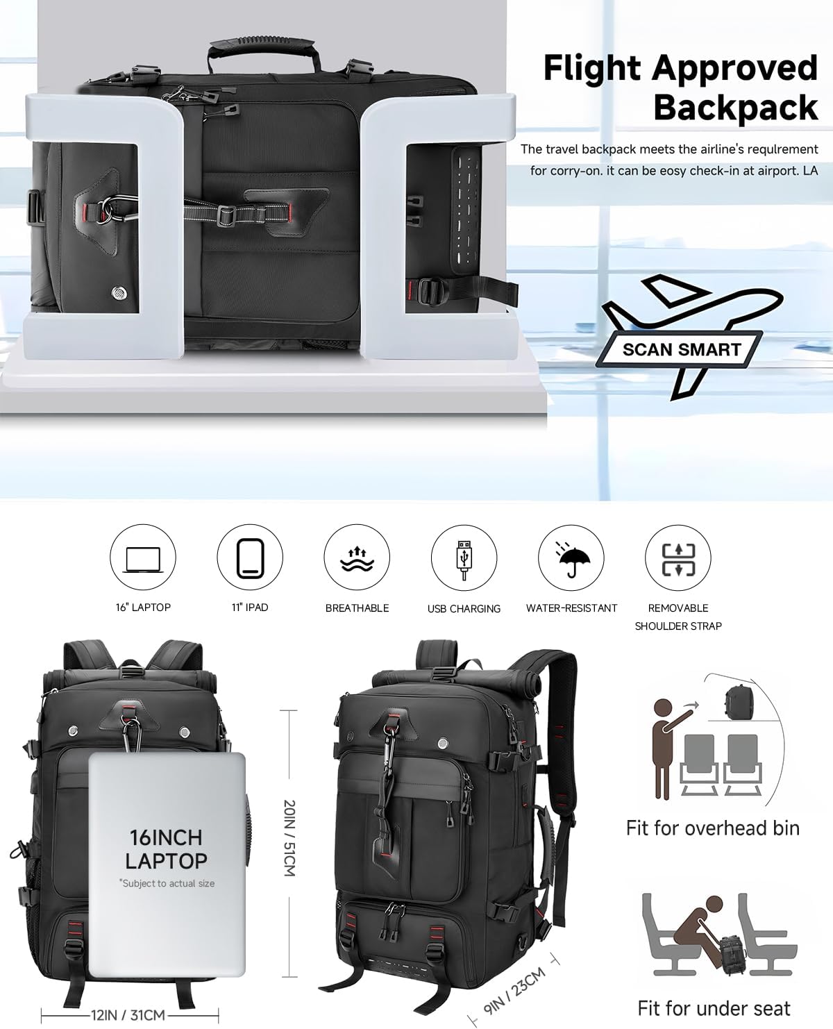 Travel Backpack for Men, 40L Carry on Backpack For Camping,Weekender Black image 4