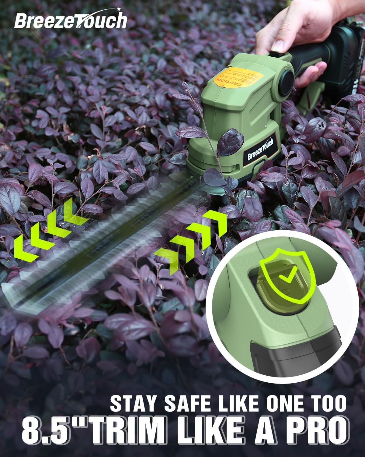 Breeze Touch 21V Cordless Hedge Trimmer & Grass Shear, Electric 2-in-1 Bush Trimming Tool with 4.5"/8.5" Blades, 1.5Ah Battery & Fast Charger, Lightweight Handheld Garden Care Solution