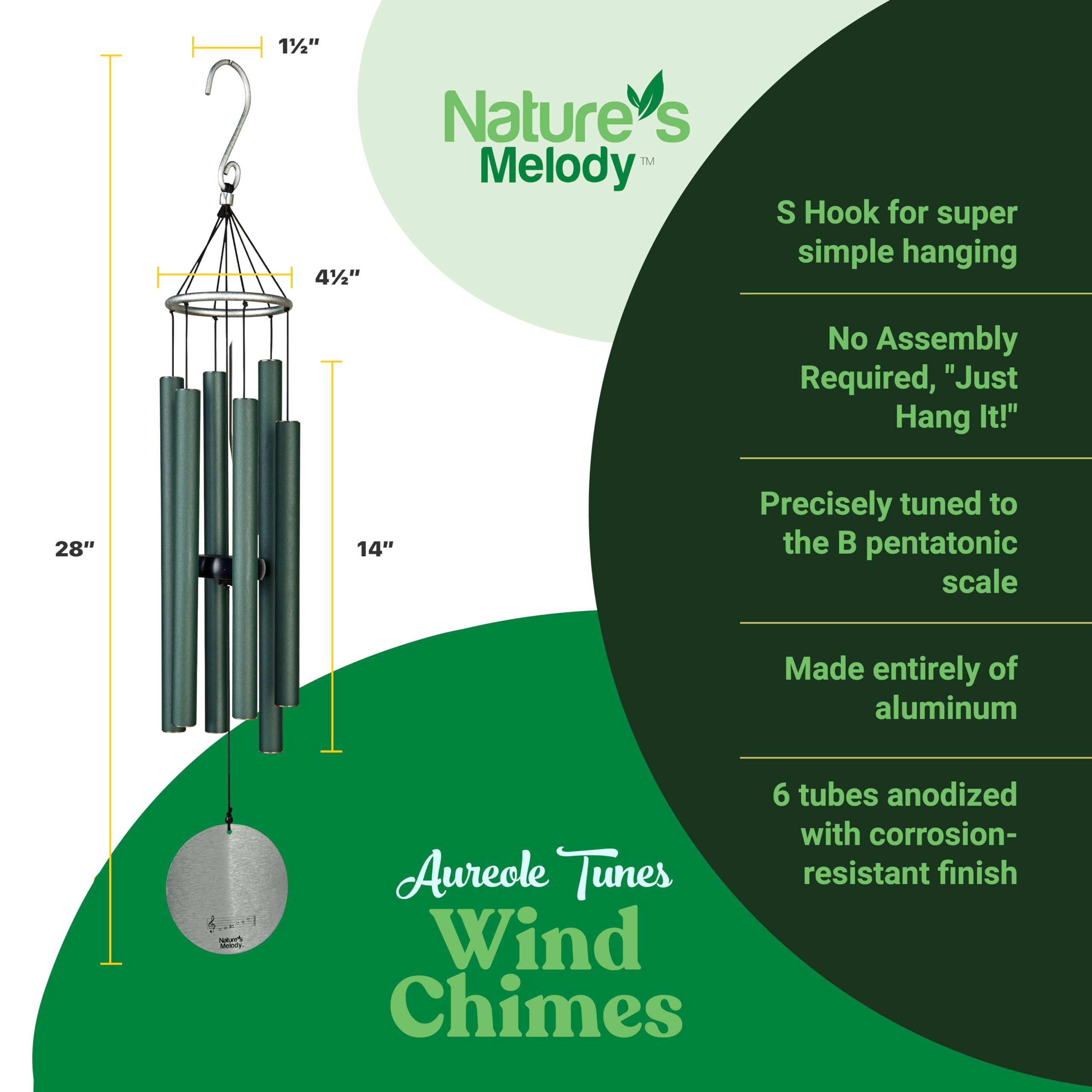 Nature's Melody Aureole Tunes Carillon à Vent d'extérieur, 6 Tubes, Gamme pentatonique en Si, Aluminium Inoxydable, Finition poudrée, Crochet en S, pour condoléances, Cadeau commémoratif, Jardin Zen