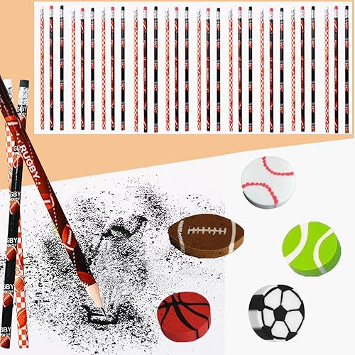 Miniatura 3 de goldhik 30 lápices deportivos y 30 borradores de bolas deportivas, divertidos lápices de madera con borrador deportivo para niños y niños con