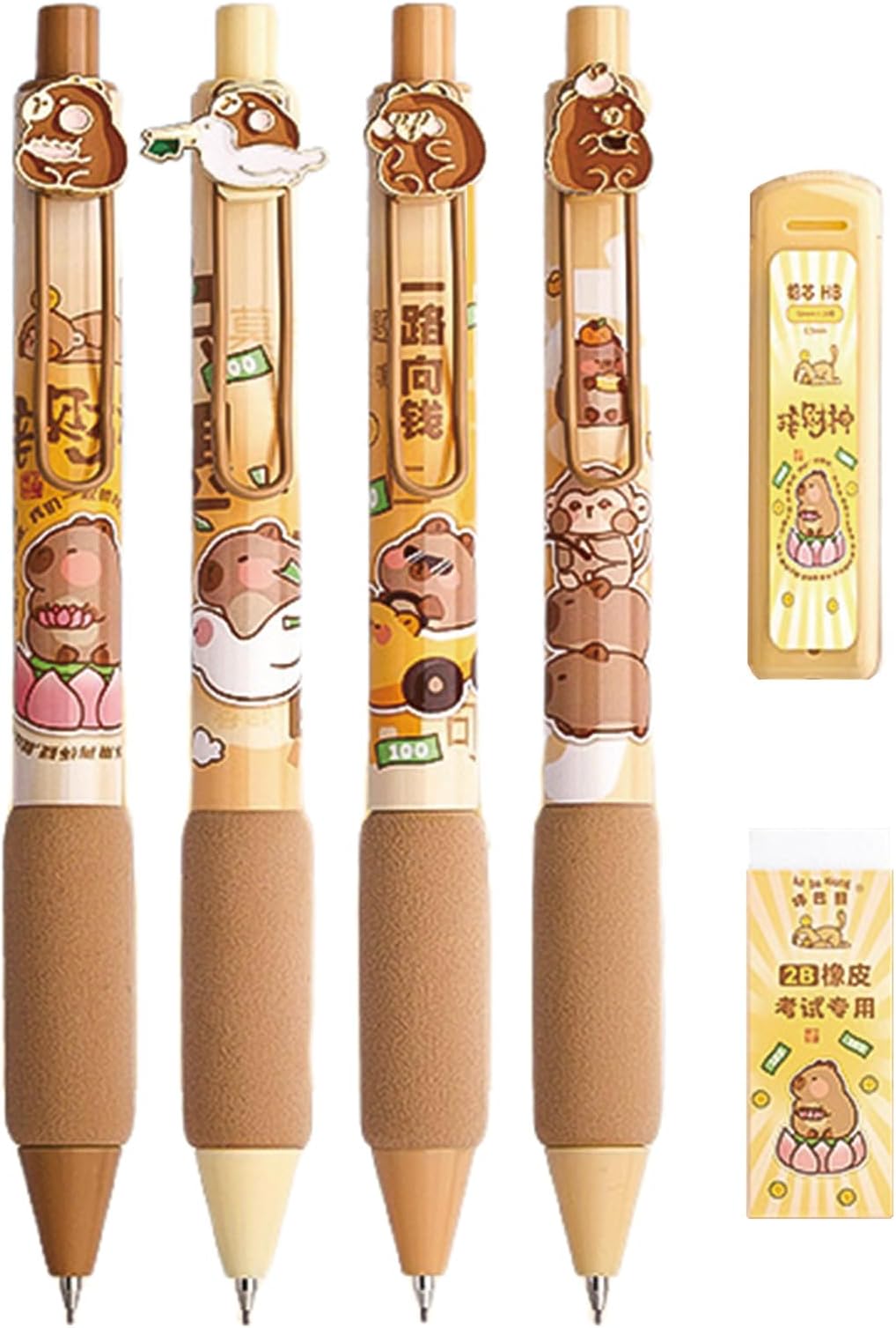 MOZXIRZ 4 Pcs Capybara Mechanical Pencils with Refill and Eraser, 0.5mm Cute Mechanical Pencil Kawaii Cartoon Pencils Office School Pencil for Students Women Girls Boys Pencils (Capybara)