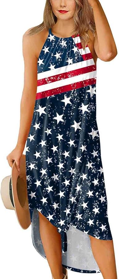 USA Flag Print Maxi Dress Halter 