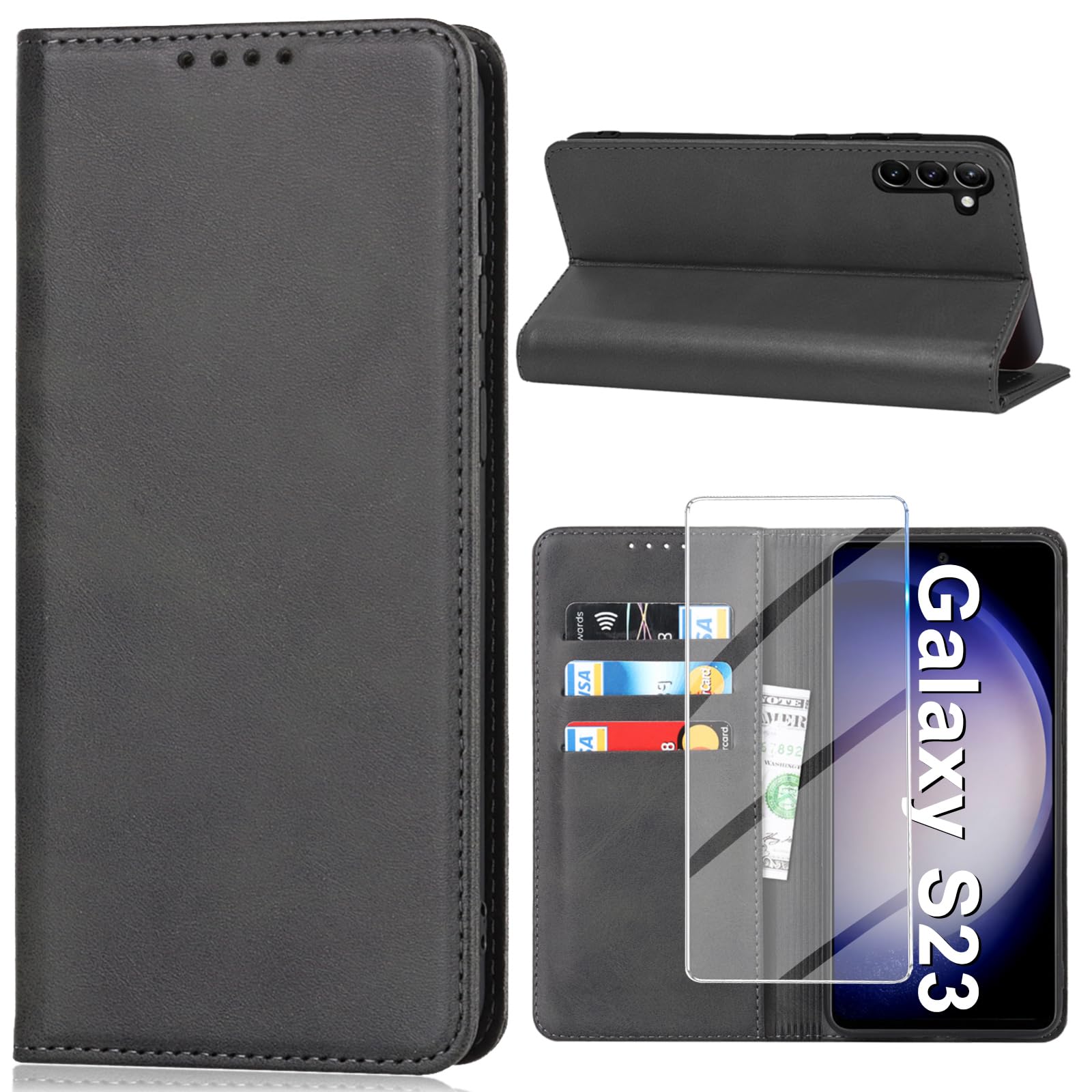 Vaki Handyhülle für Samsung Galaxy S23 5G Hülle mit Schutzfolie, Schutzhülle S23 Leder Wallet Kartenfach Standfunktion Stoßfest Klapphülle Hüllen Galaxy S23 5G Case Cover (Schwarz)