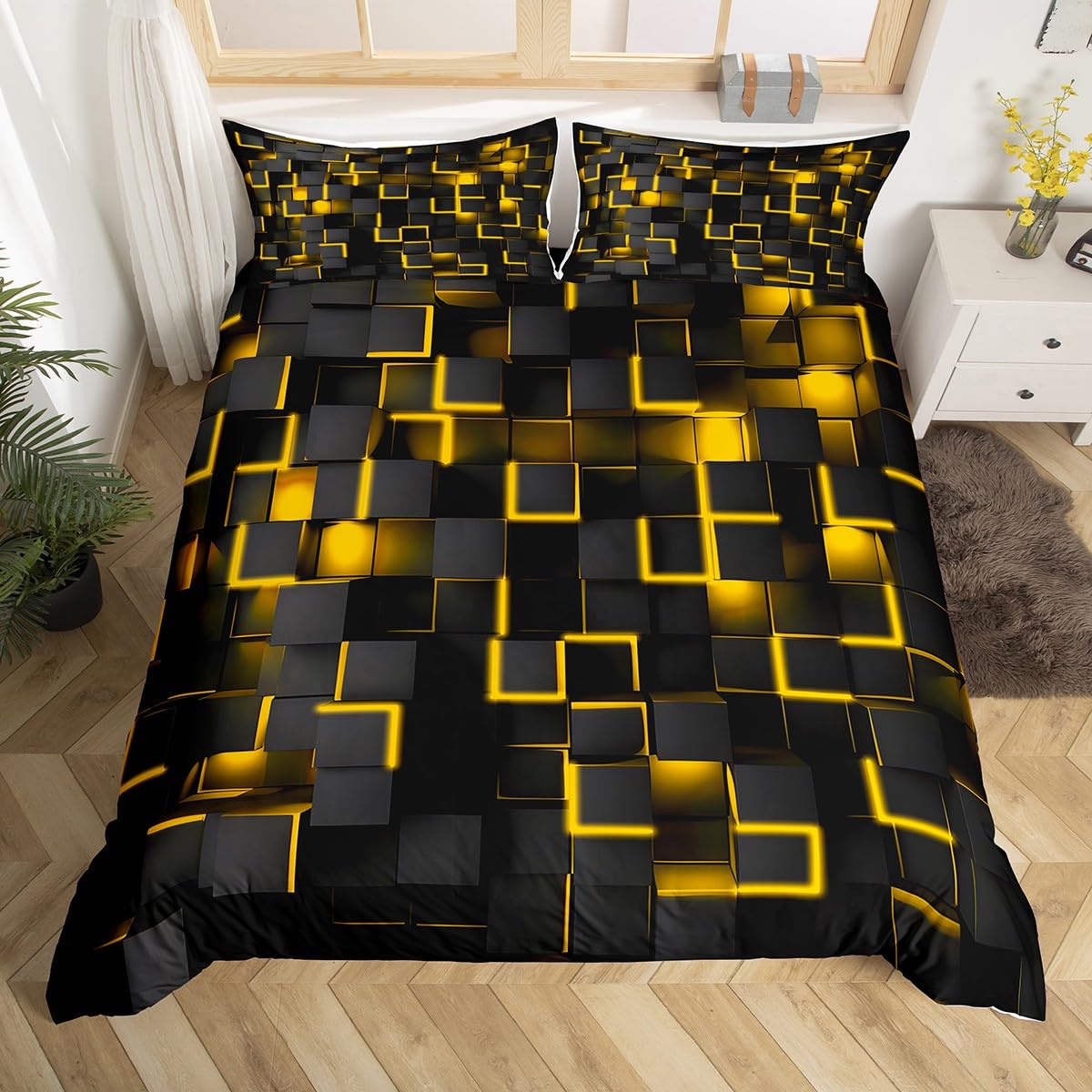 Loussiesd Yellow and Black Bedding Duvet Cover Set Light Geometric Bedding Set for Kids Boys Girls Decor Comforter Cover Set Modern Style Bedspread Cover King