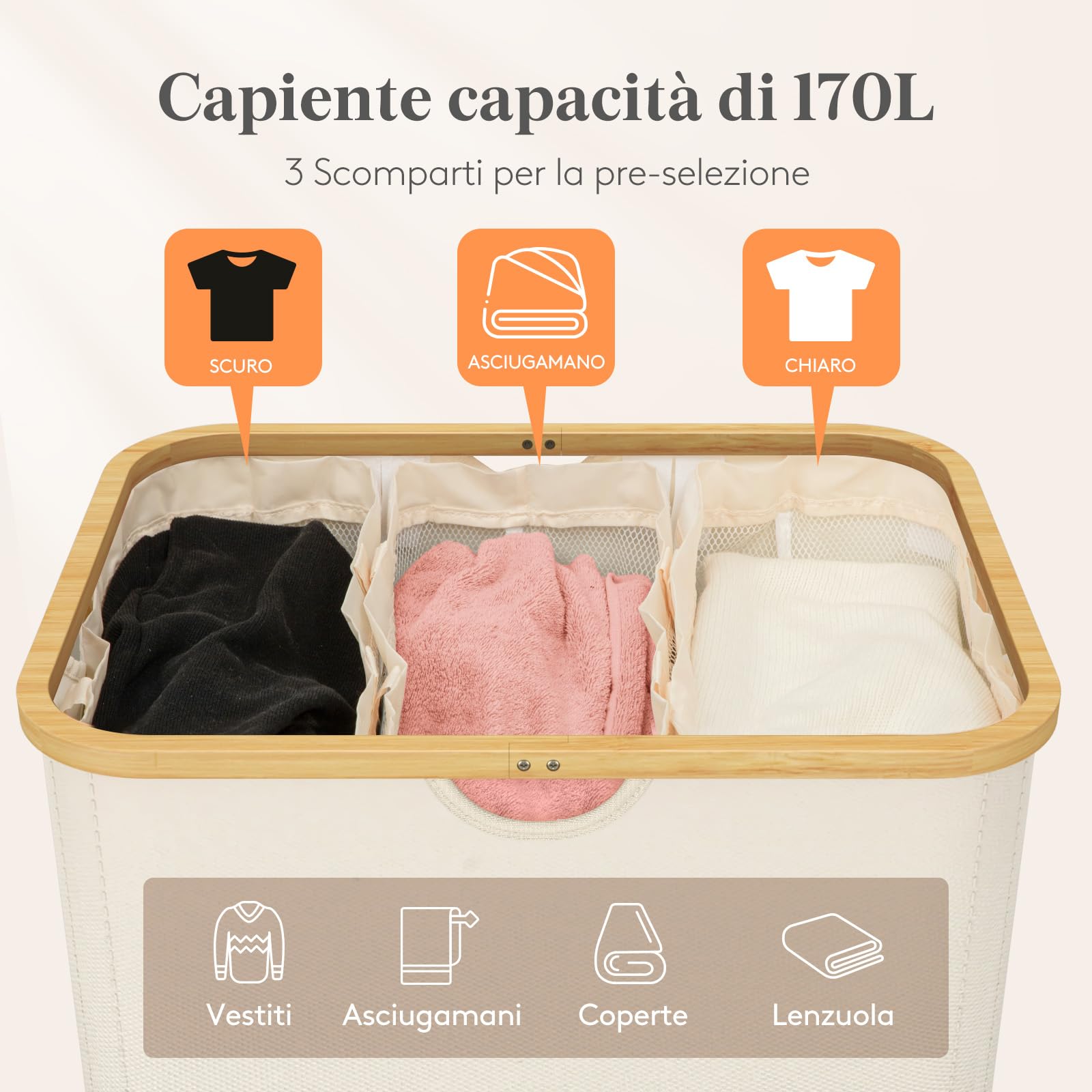 Lifewit 170L Cesto Portabiancheria con 3 Scomparti e 3 Sacchi, Grande Cesta Portabiancheria Pieghevole in Bambùcon Coperchio per Camera da Letto, Bagno, Lavanderia, Beige