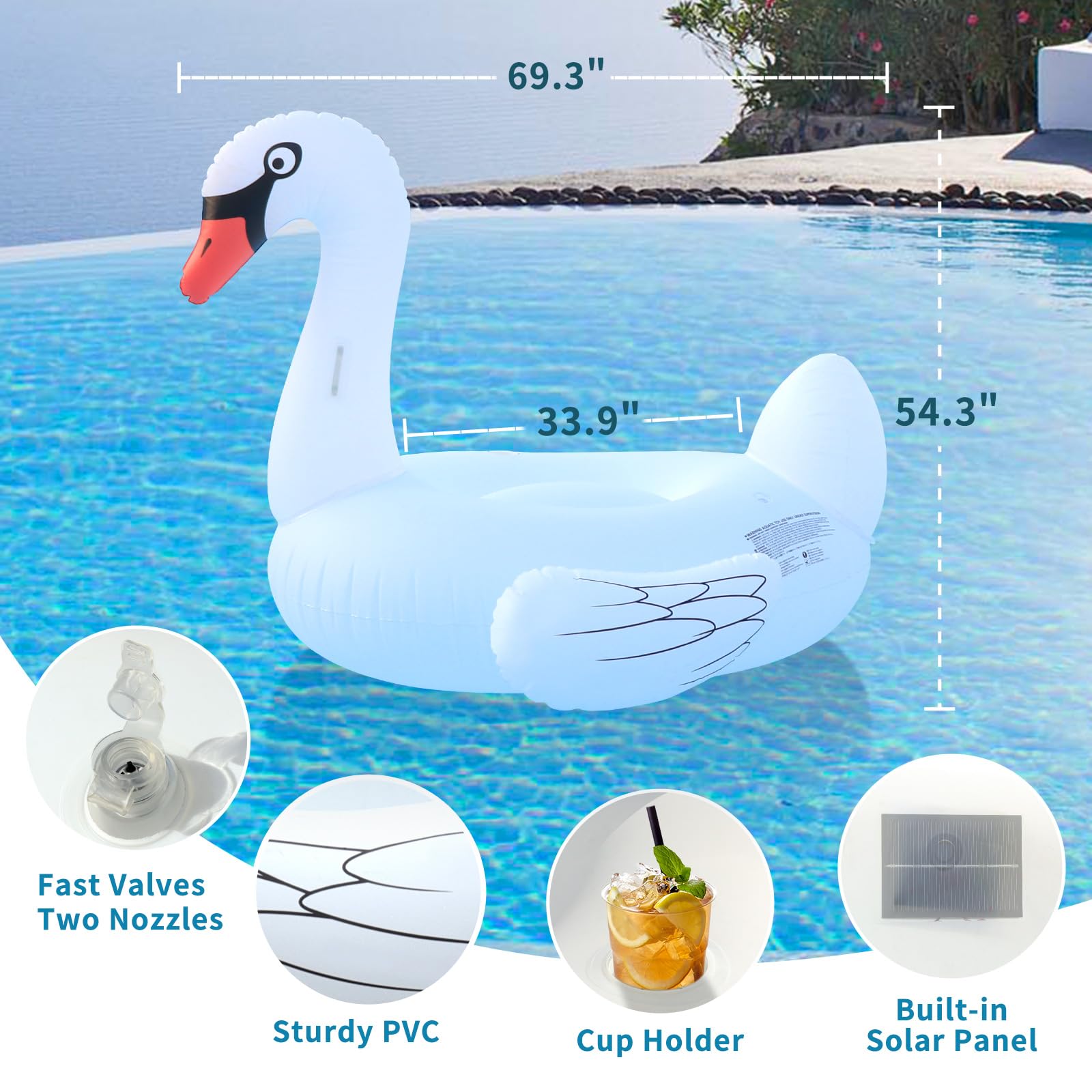 Flotteurs gonflables en forme de cygne avec lumières LED solaires pour adultes, bouées de natation gonflables, porte-gobelet, flotteurs de plage, lac, décoration de fête, relaxation, blanc