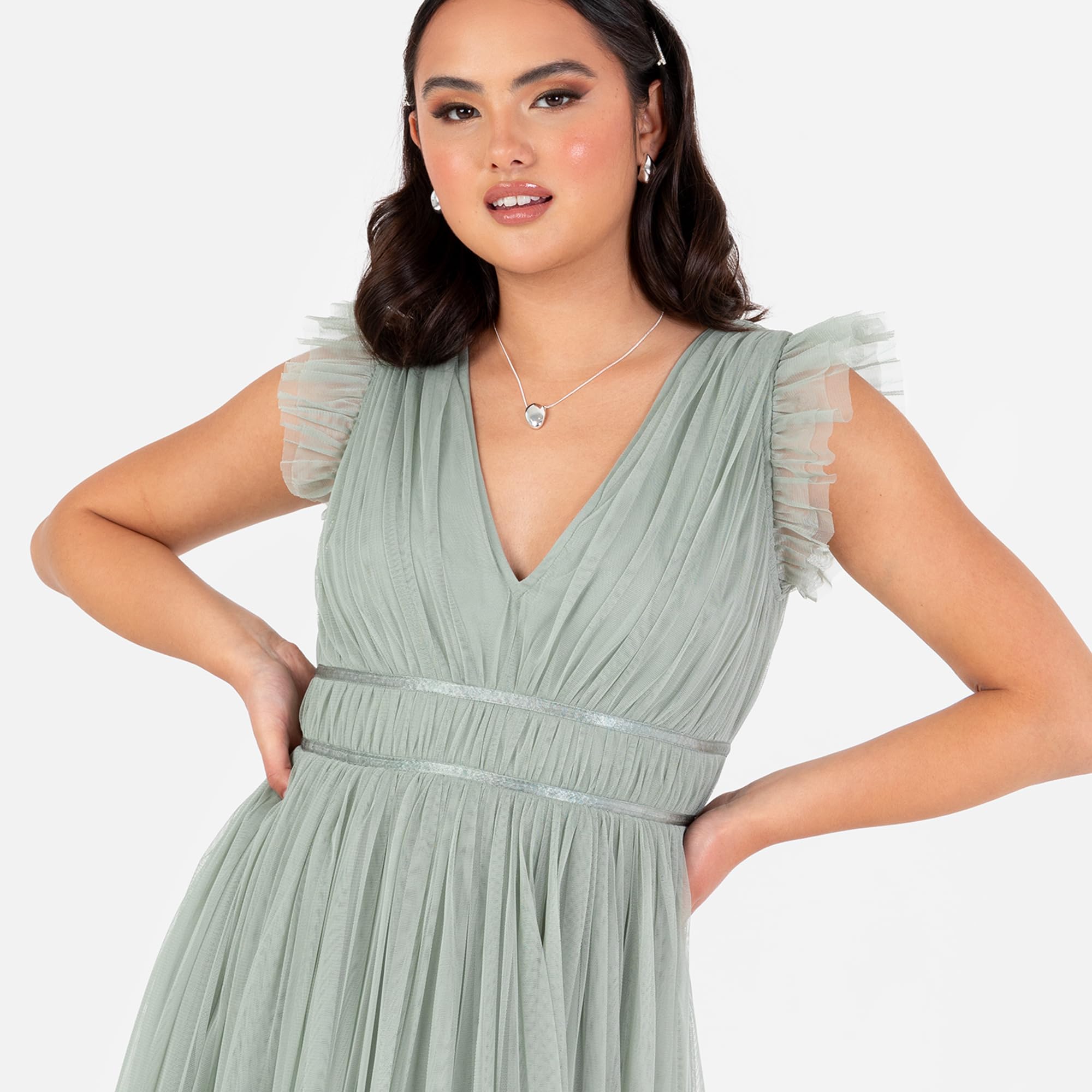 Anaya with Love Damska sukienka maxi, damska sukienka z krótkim rękawem, dekolt w serek, satyna, tiul, linia A, dla druhny, na wesele, na studniówkę, Frosty Green 18, Mroźny zielony, 44