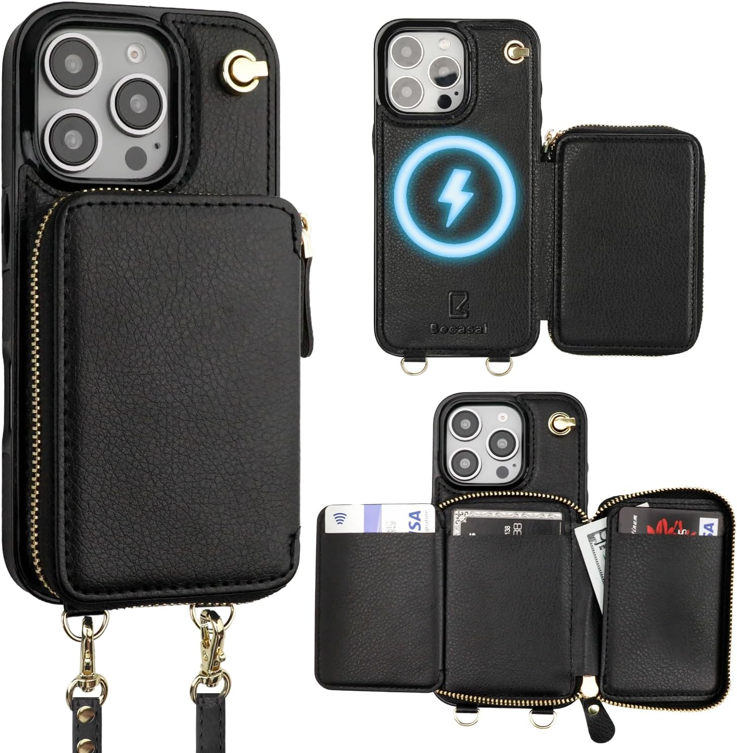 bocasal for magsafe crossbody wallet case compatible with iphone 16 pro, rfid blocking protective purse case with card slots holder kickstand wrist strap lanyard zipper 6.3 inch 5g (black) black for magsafe