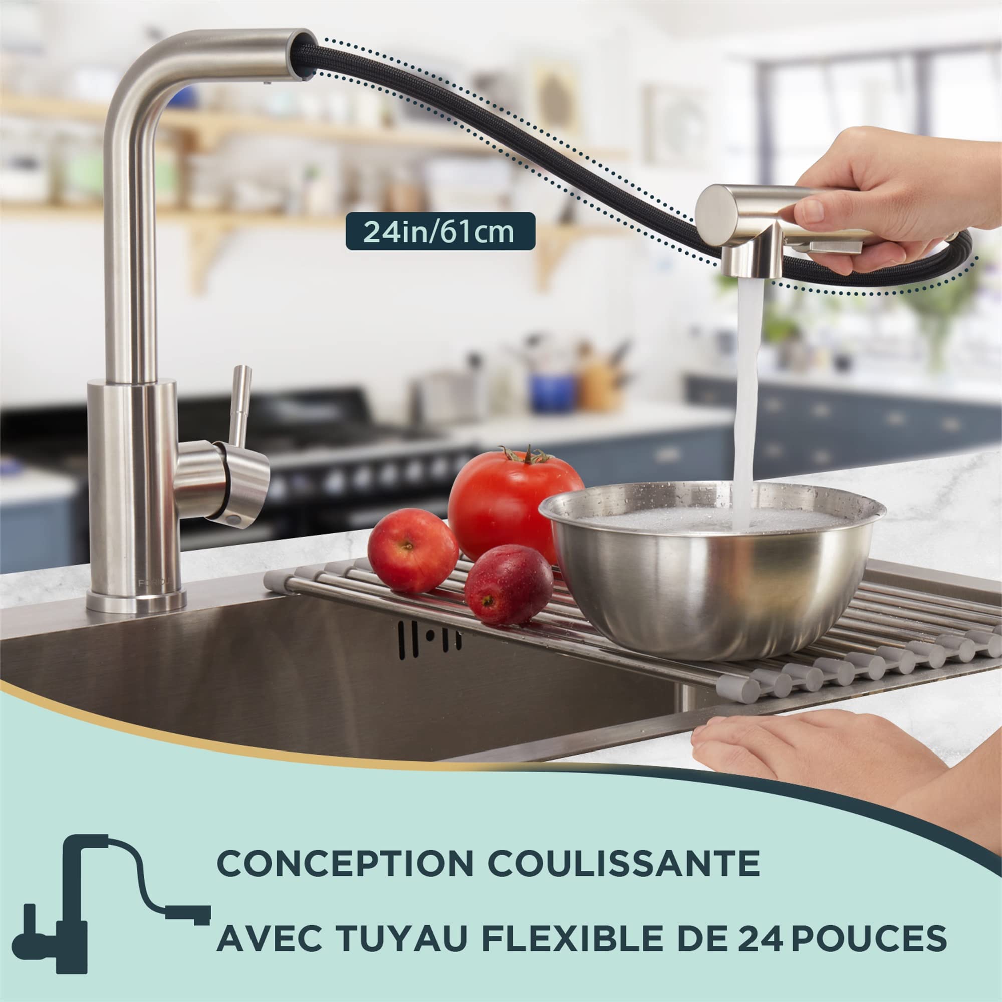 FORIOUS Robinet Cuisine Douchette Extractible 360° Acier Inoxydable 2 Modes Pulvérisation Froid & Chaud